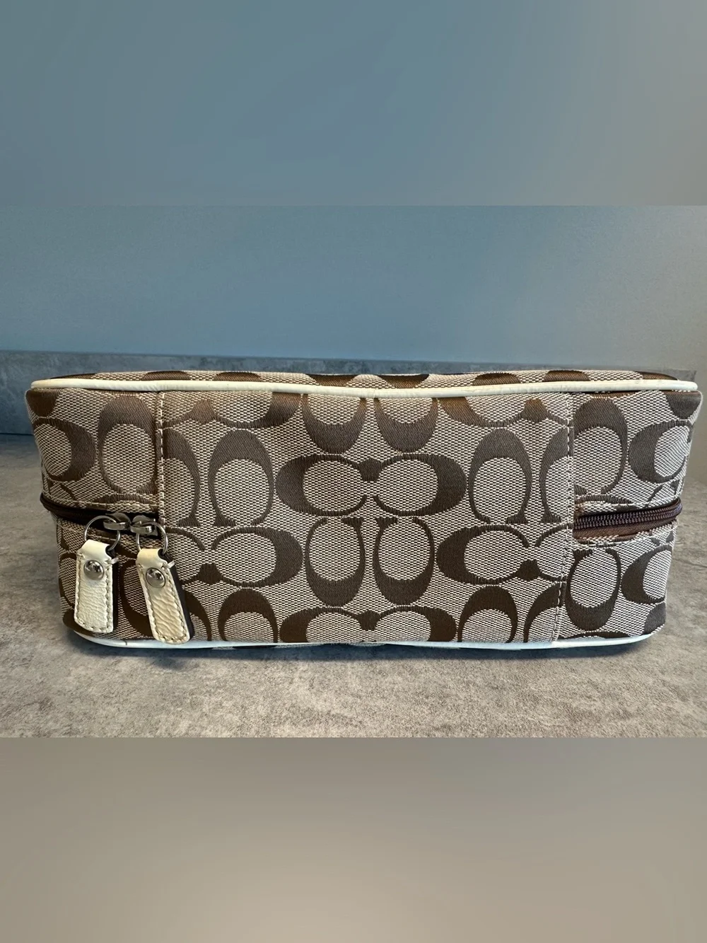 Coach Brown Signature Canvas Travel Make Up Cosmetic Case with Cream Trim